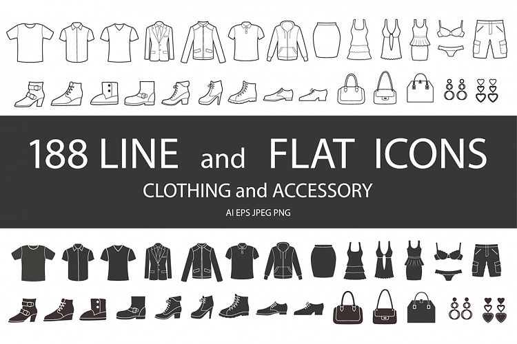   Set of clothing, shoes, accessories line and flat icons. Womens , Mens and Childrens fashion. Seamless patterns with icons. 