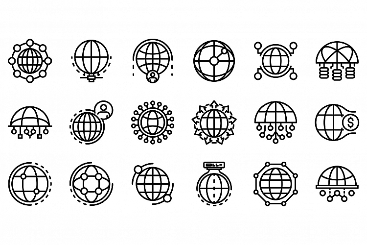 Global network icons set, outline style example image 1