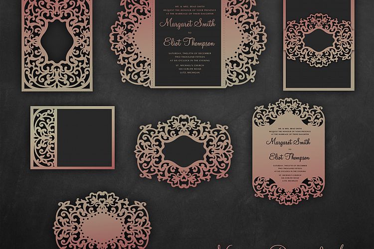 Laser cut wedding invitation Set, 5x7, Cricut Template, Gate Fold, Tri fold pocket Envelope, Bellyband, Menu, SVG, DXF, Cricut, Silhouette Cameo