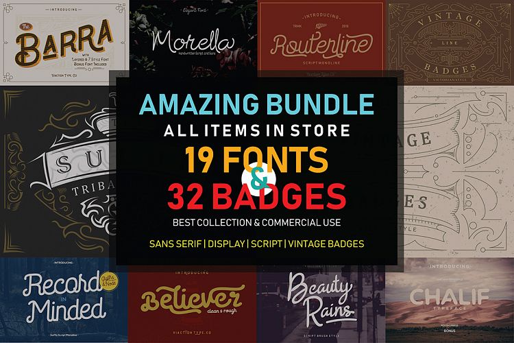 Amazing Bundle - 19 Fonts & 32 Badges