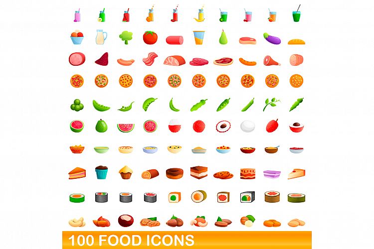 100 food icons set, cartoon style example image 1