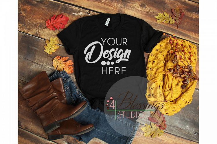 Fall Flat Lay T-shirt Mockup Bella Canvas 3001 Black Ladies