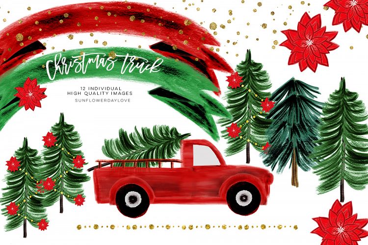 Watercolor Christmas Truck Clipart