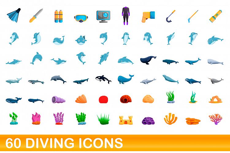 60 diving icons set, cartoon style example image 1