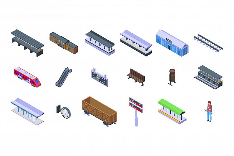 Railway platform icons set, isometric style example image 1