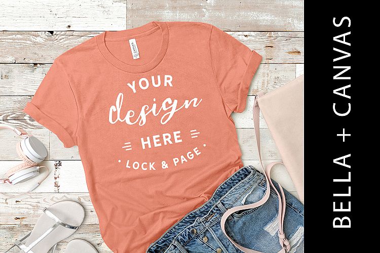 Sunset Bella Canvas 3001 T Shirt Mockup Flat Lay Summer