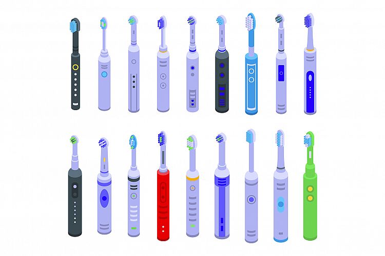 Electric toothbrush icons set, isometric style