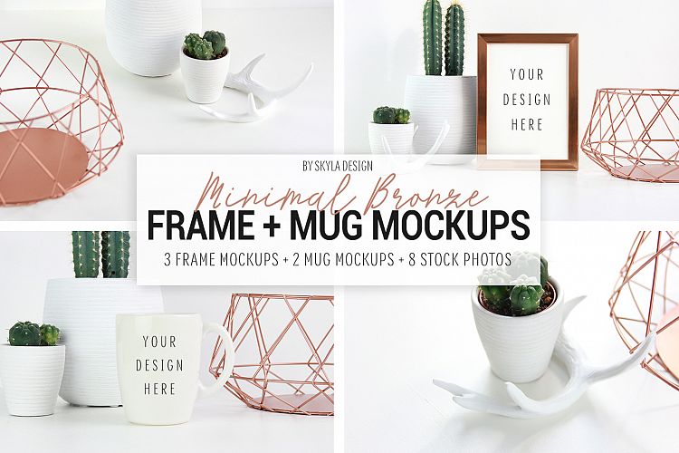 Frame & mug mockup, minimal bronze & cactus