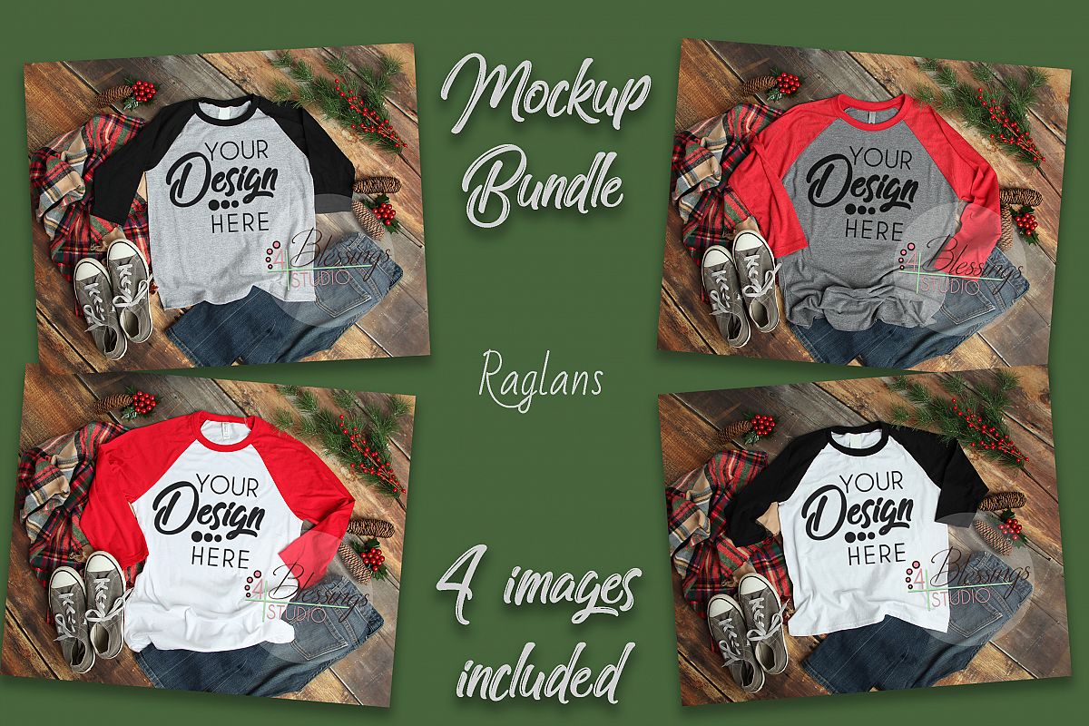 Christmas Raglan Mockup Bundle T Shirt Flat Lay 4 Images