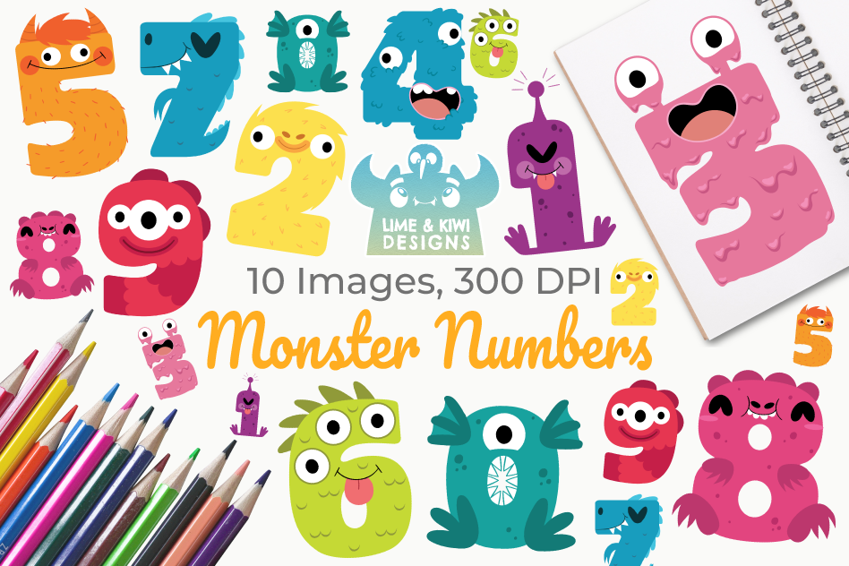 Monster Numbers Clipart, Instant Download Vector Art example image 1