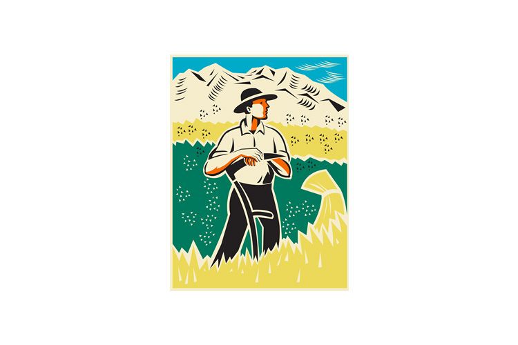 farmer with scythe standing field retro example image 1