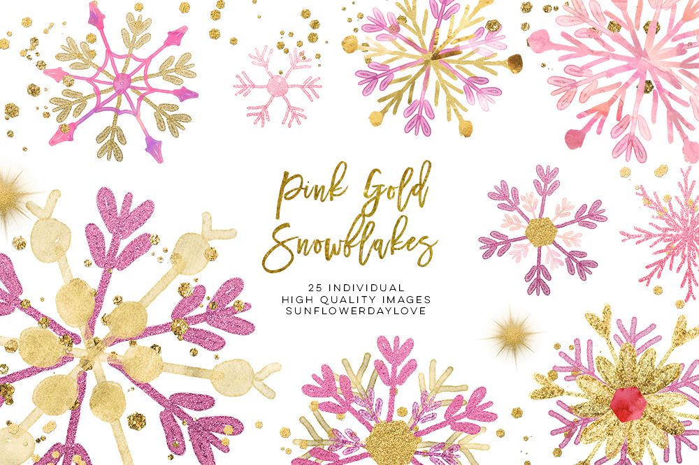 pink gold snowflakes clipart, winter snowflakes clip art example image 1