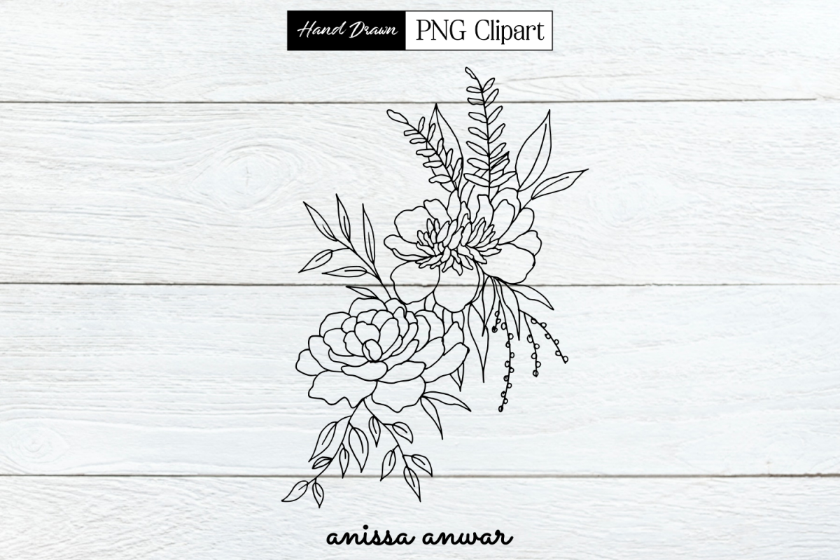 Flowers Bouquet Line Art, Png Clipart, Sublimation Printable example image 1