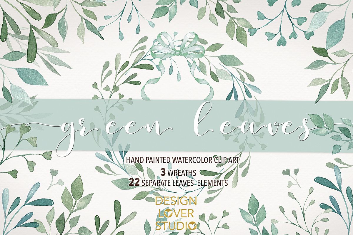Watercolor green leaves clip arts example image 1