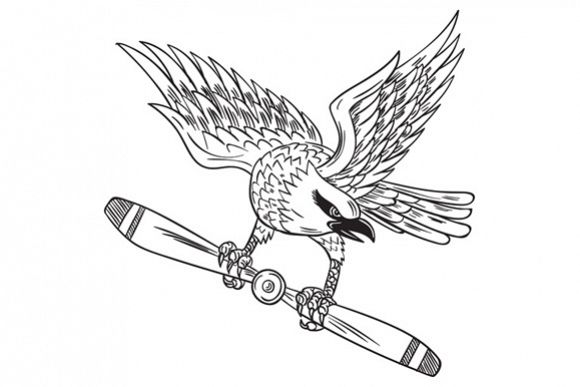 Shrike Clutching Propeller Blade Black and White Drawing example image 1