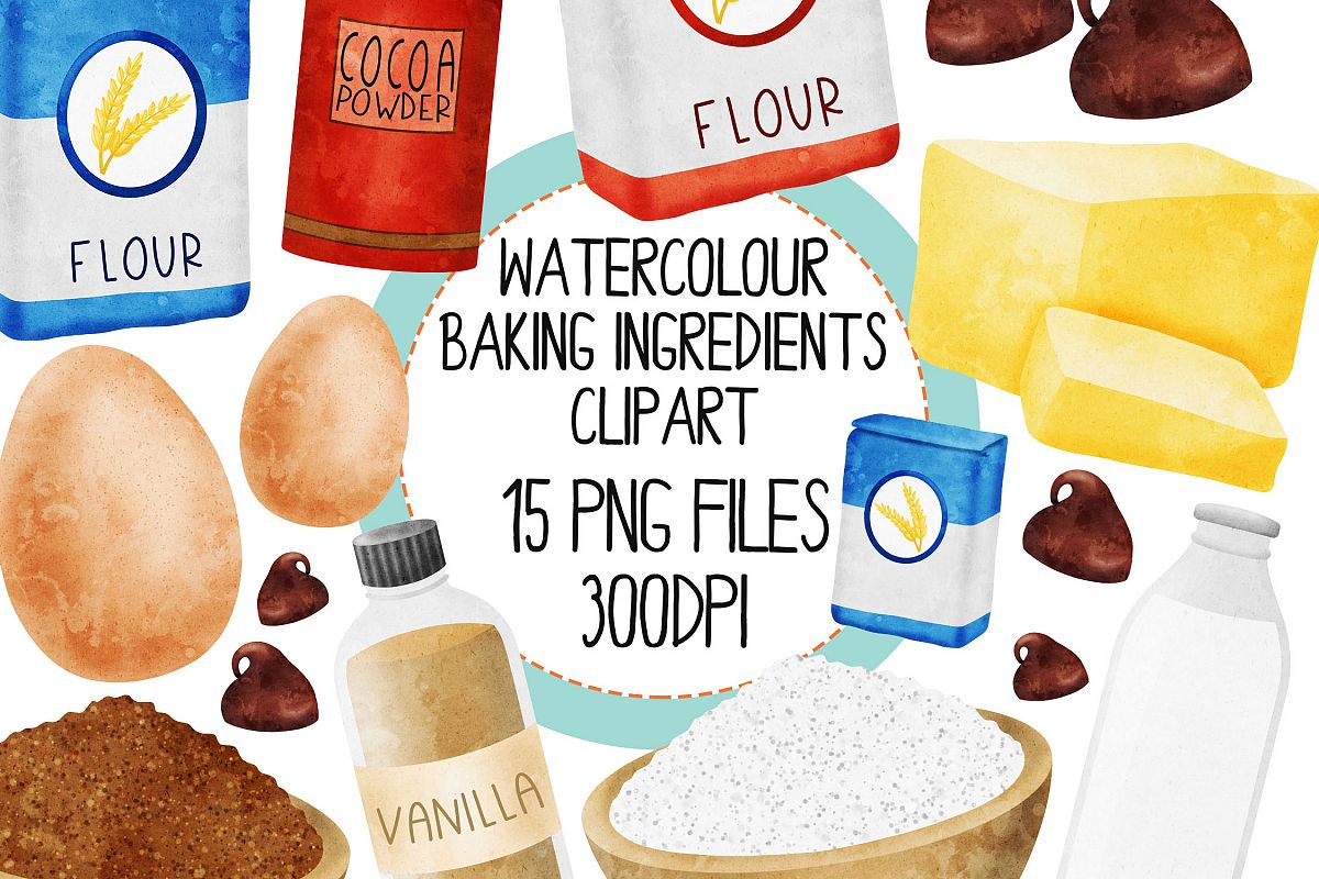 Watercolor Baking Ingredients Clip Art Set example image 1