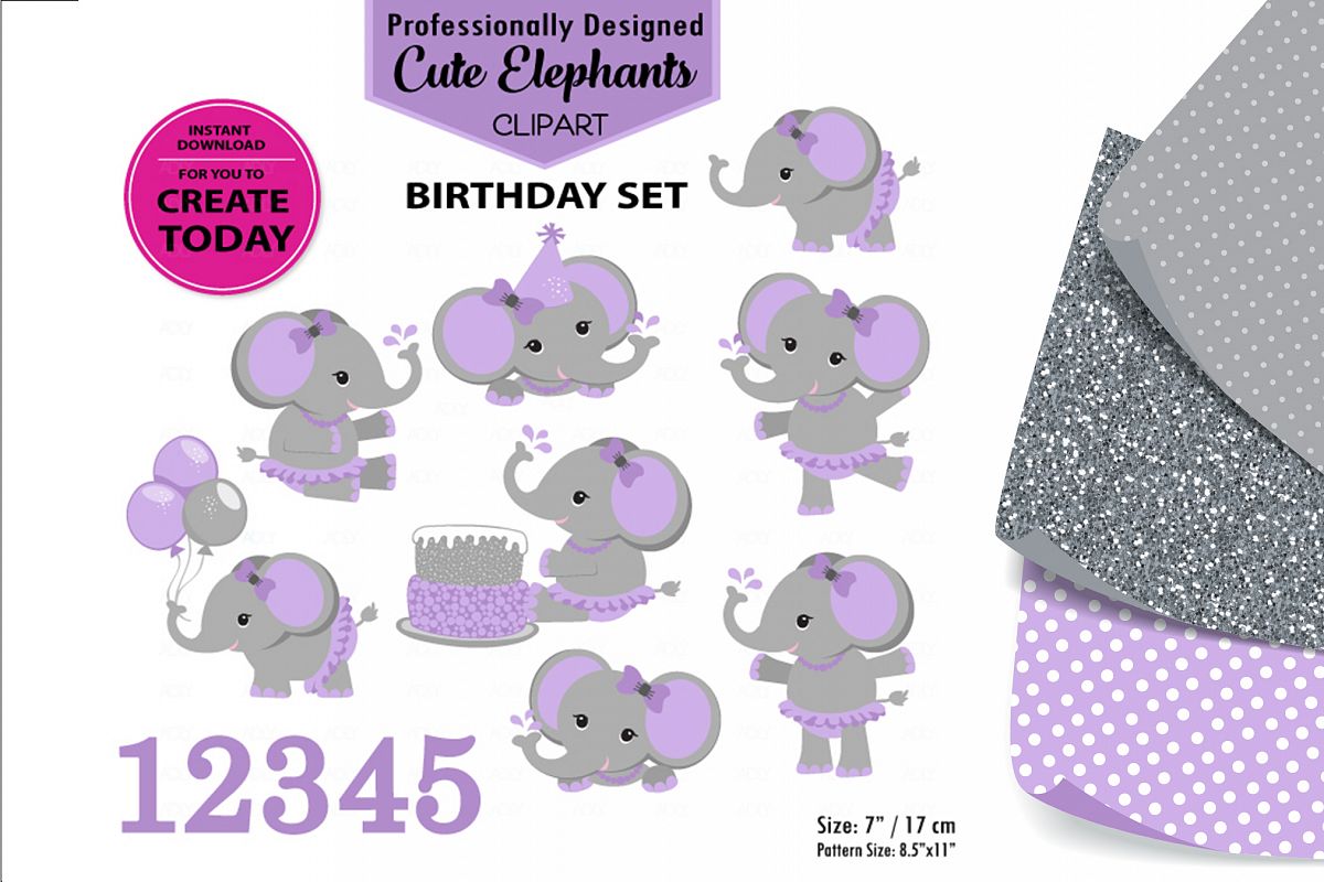 Purple Elephant Girl Sitting With A Birthday Cake Clip Art. example image 1