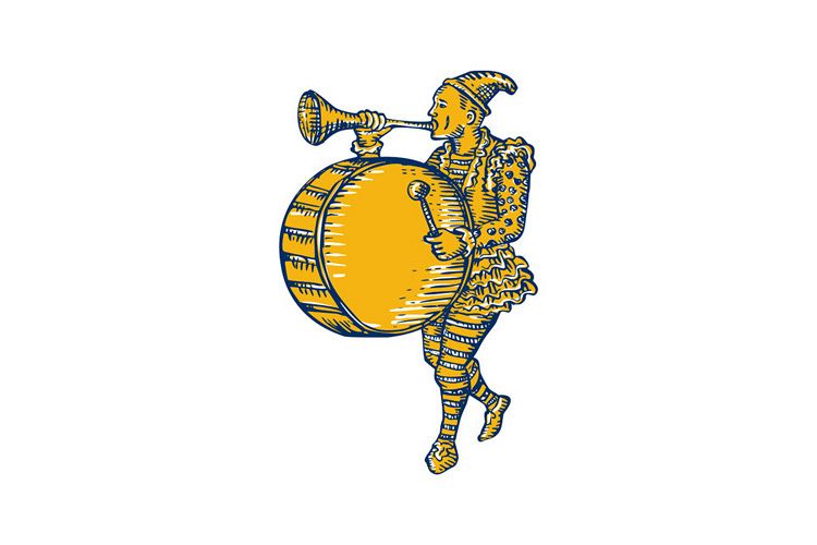 Clown With Trumpet and Drum Marching Etching example image 1