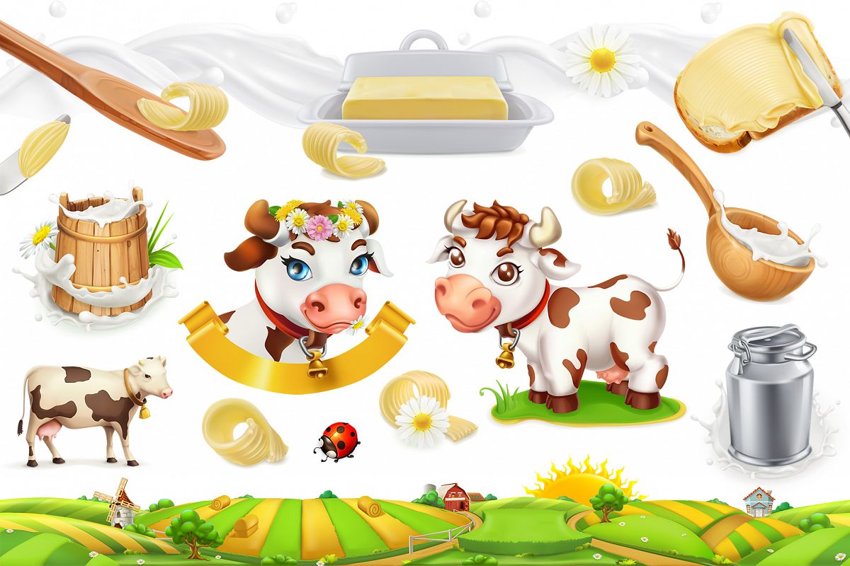 Butter. Milk farm. Whipped cream. Bio dairy products. Vector example image 1