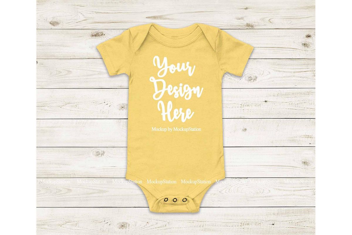Baby Yellow Bodysuit Mockup, Blank Toddler One Piece Mockup example image 1