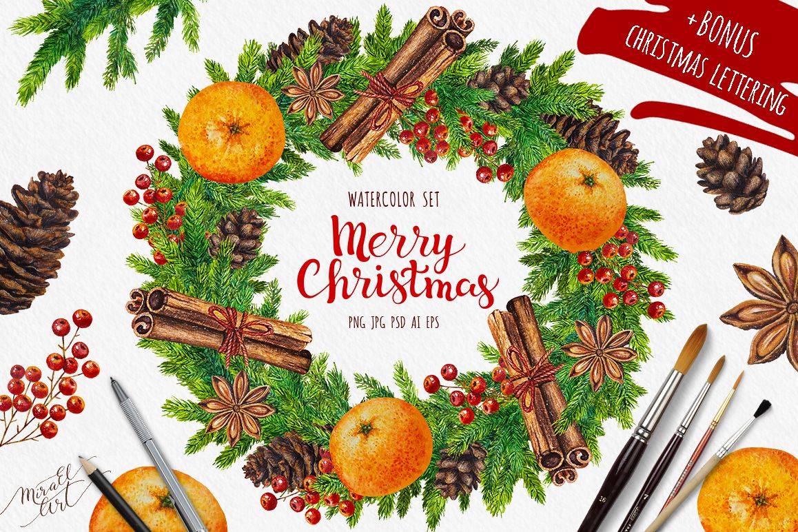 Merry Christmas - watercolor set example image 1
