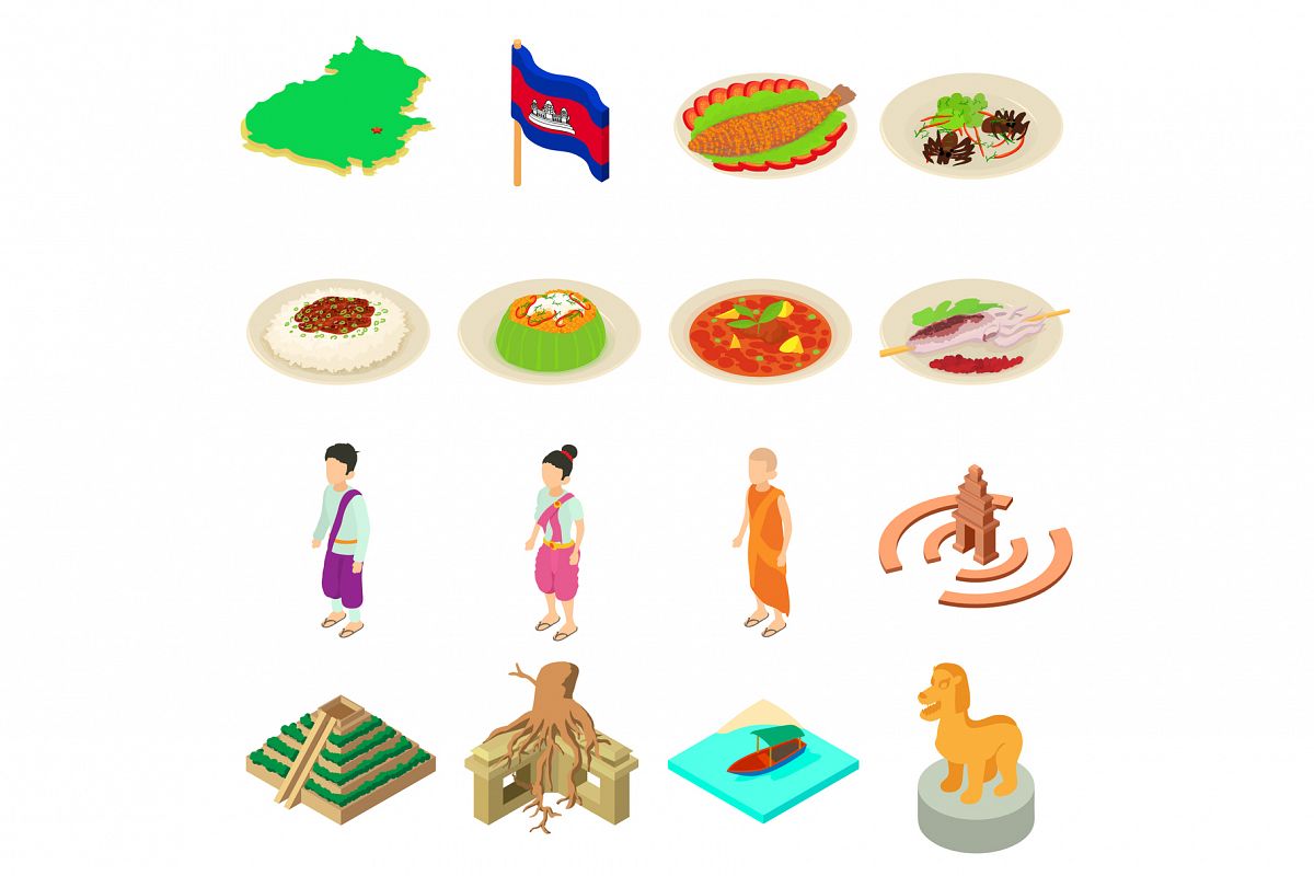 Cambodia travel icons set, isometric style example image 1