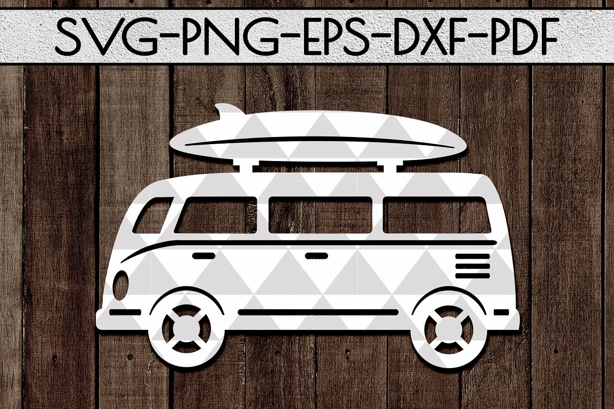 Summer Surf Papercut Template, Bus With Surf Board SVG, DXF example image 1