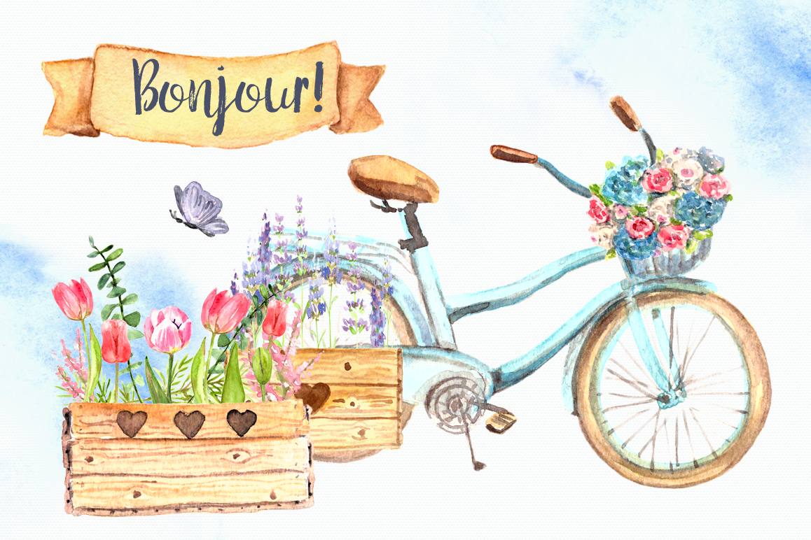Bonjour! Watercolor Clip Art Set (41631) Decorations Design Bundles