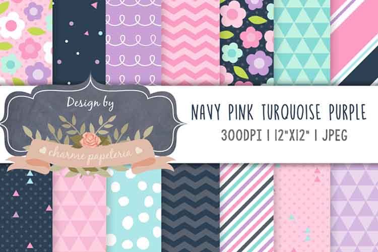 Navy and Pink digital papers, triangles, Flowers paper, example image 1