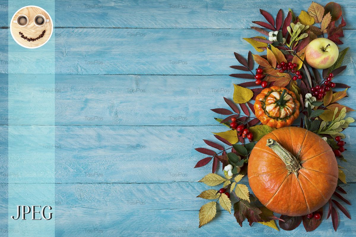 Fall border of apples, berries, pumpkins on blue table, copy example image 1