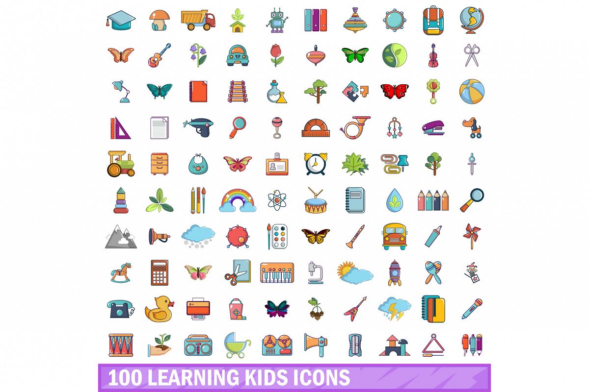 100 learning kids icons set, cartoon style example image 1