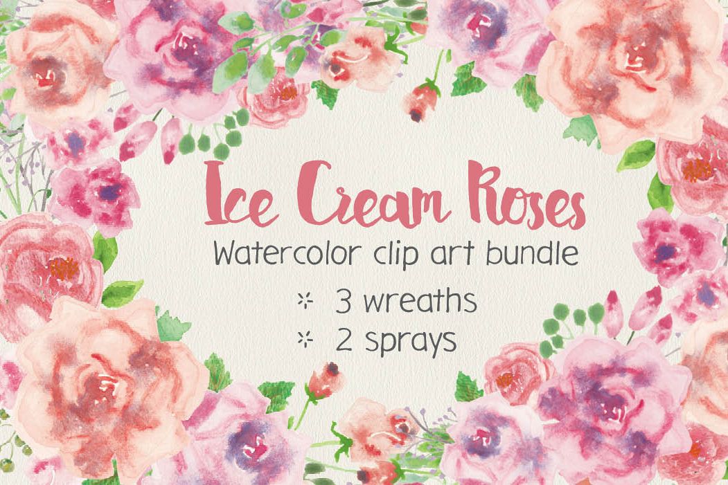 Watercolor clip art bundle: ice cream roses example image 1