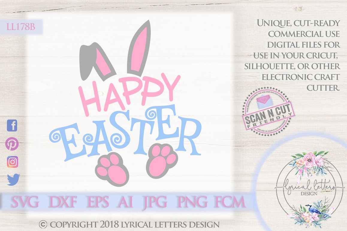 Happy Easter with Bunny Ears and Feet SVG DXF LL178 example image 1