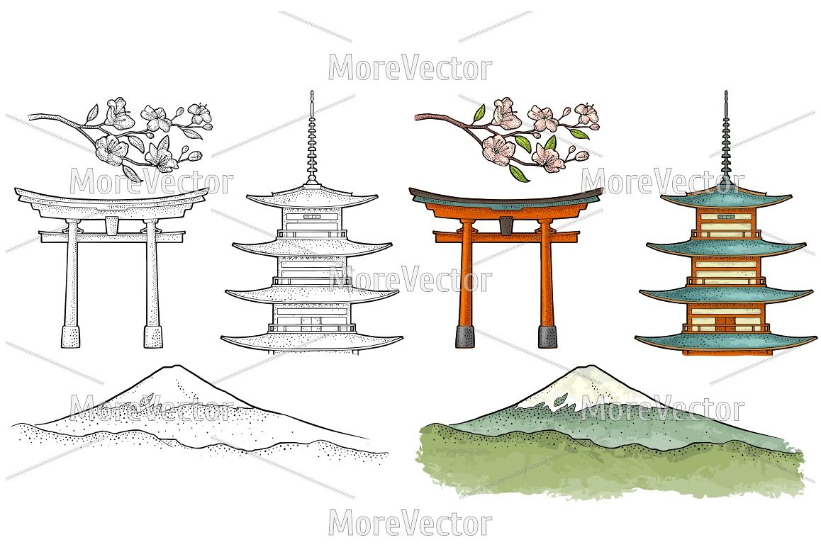 Mountain Fuji in Japan, pagoda, torii, cherry sakura branch with flowers and blossom. Vintage engraving example image 1