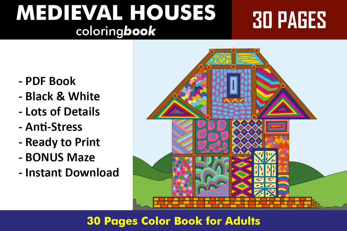 Medieval Houses Coloring Book - 30 Unique Coloring Pages example image 1