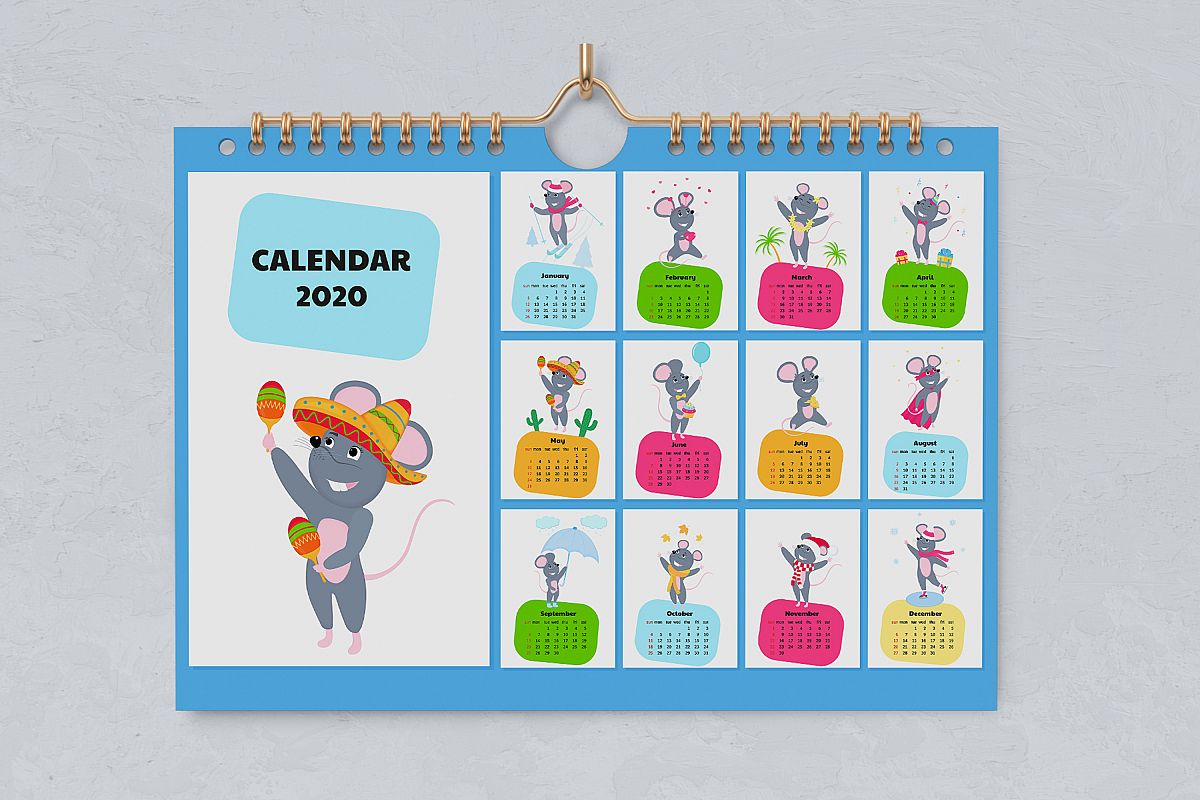 Funny mouse. Cute rats. Wall and desk calendars for 2020 example image 1