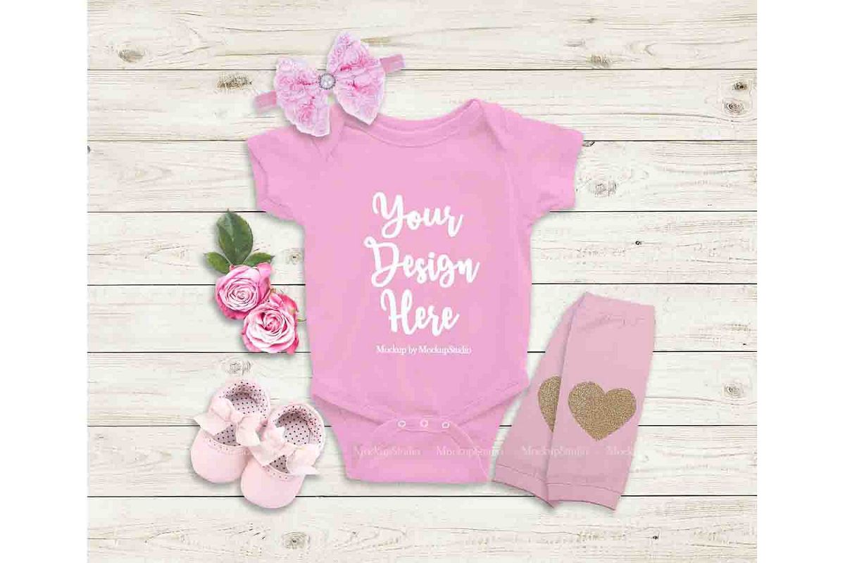Baby Girl Pink Bodysuit Mockup, Newborn Onepiece Mock Up example image 1