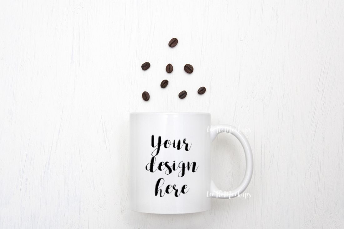 White Coffee Mug Mockup and coffee beans flat lay PSD smart example image 1