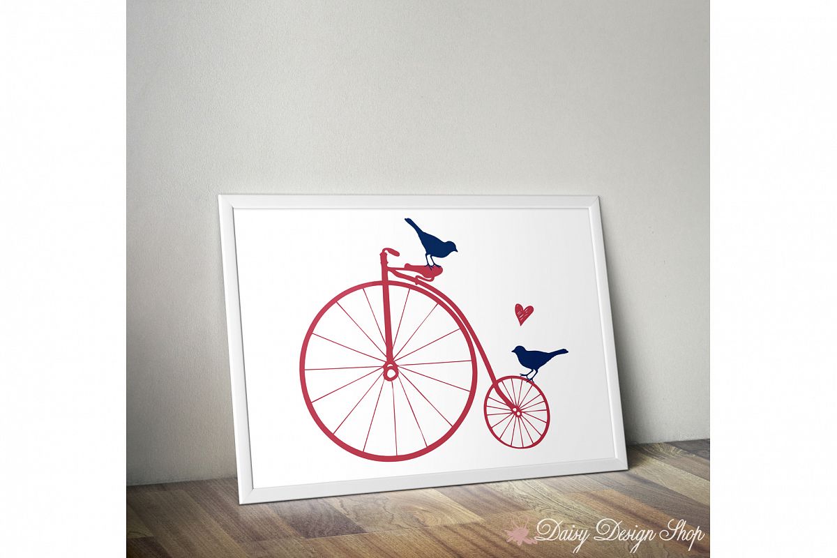 Art Print - Big Wheel Bicycle with Birds and Heart - 8x10 Printable example image 1