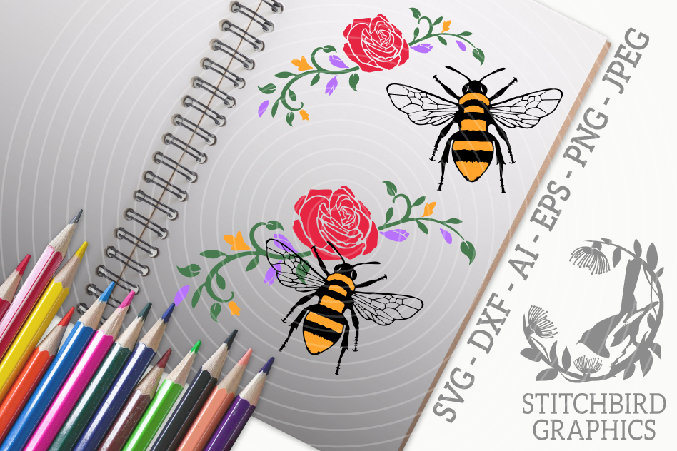 Download Bee on Flowers SVG, Silhouette Studio, Cricut, Eps, Jpeg, Ai