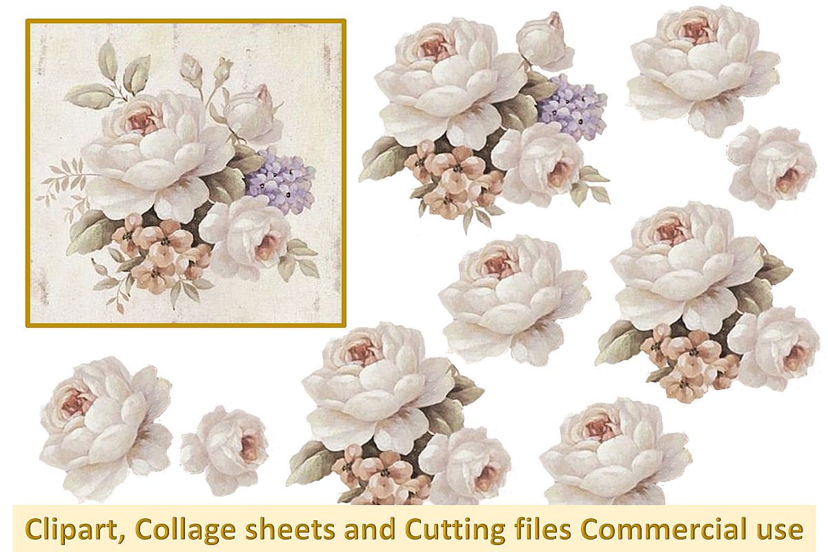 Printable collage plus PNG, SVG Vintage Watercolour roses CU example image 1