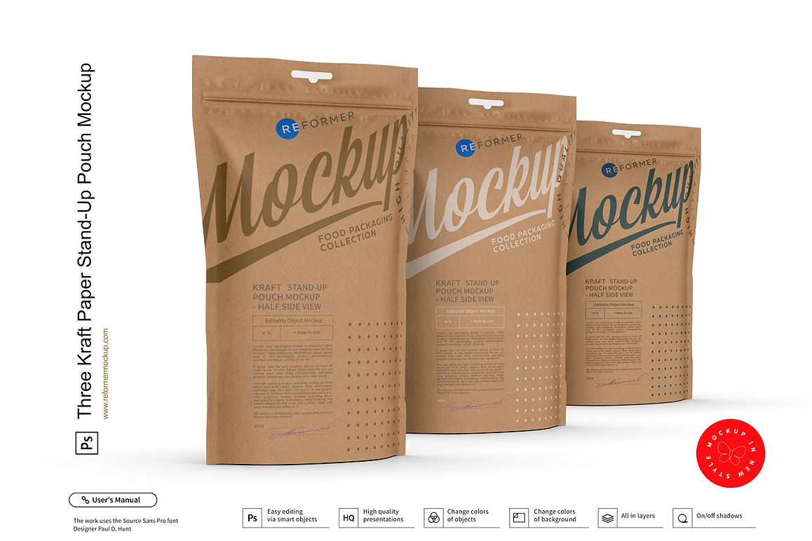 Three Kraft Paper Stand-Up Pouch Mockup example image 1