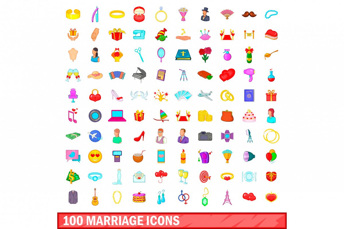 100 marriage icons set, cartoon style example image 1
