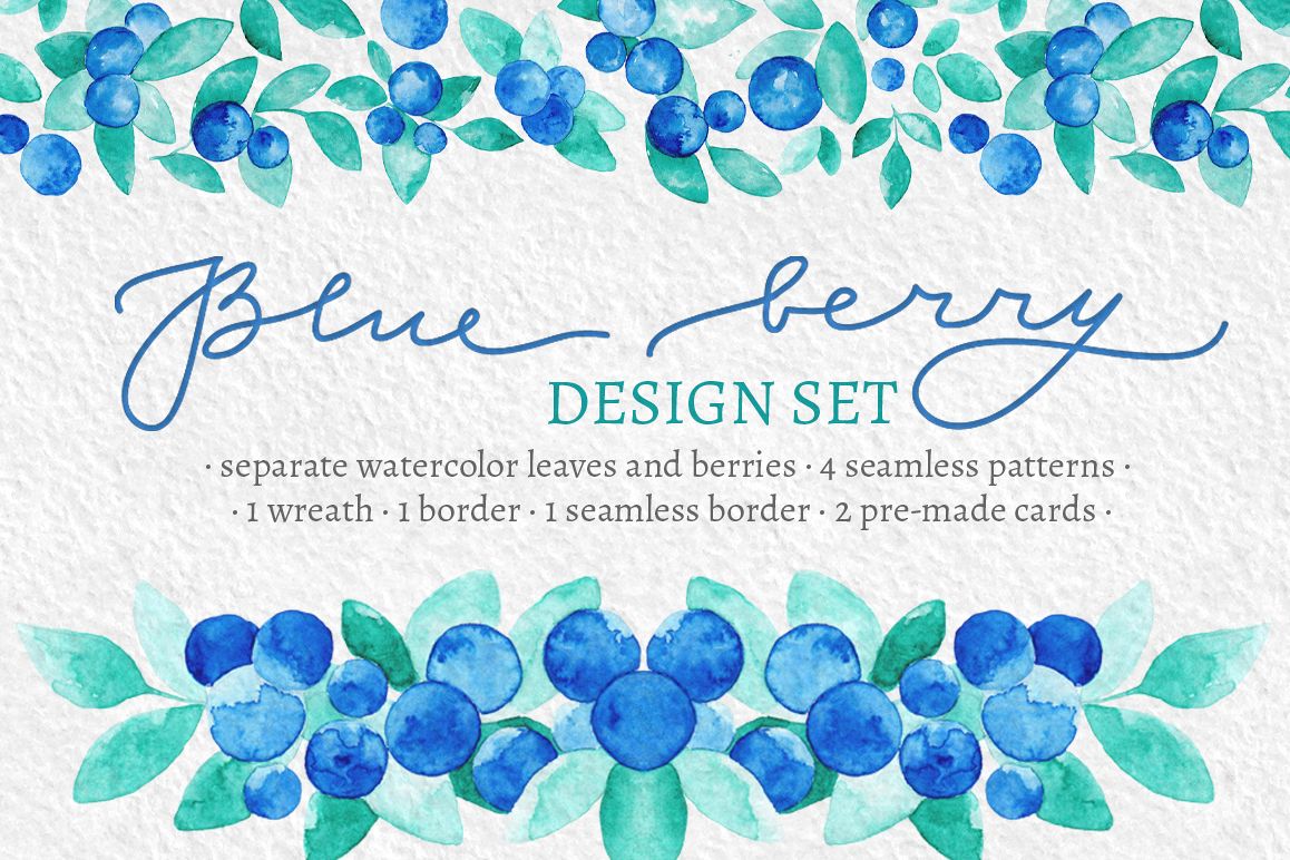 Blue Berries Watercolor Design Set example image 1