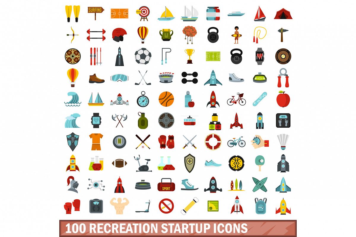 100 recreation startup icons set, flat style example image 1