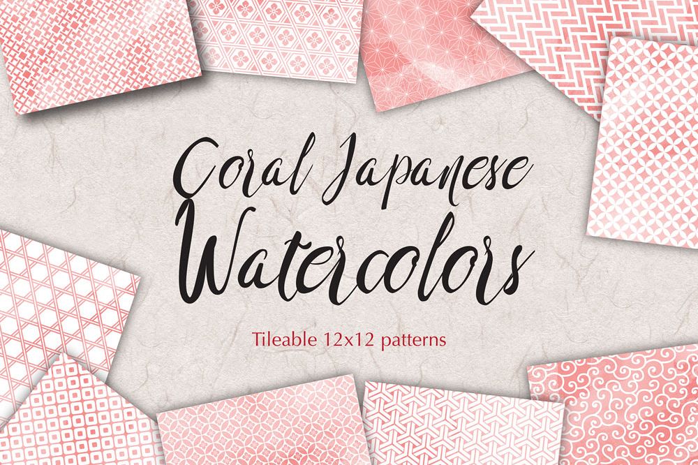 Coral Pink Digital Paper Japanese Background Patterns example image 1