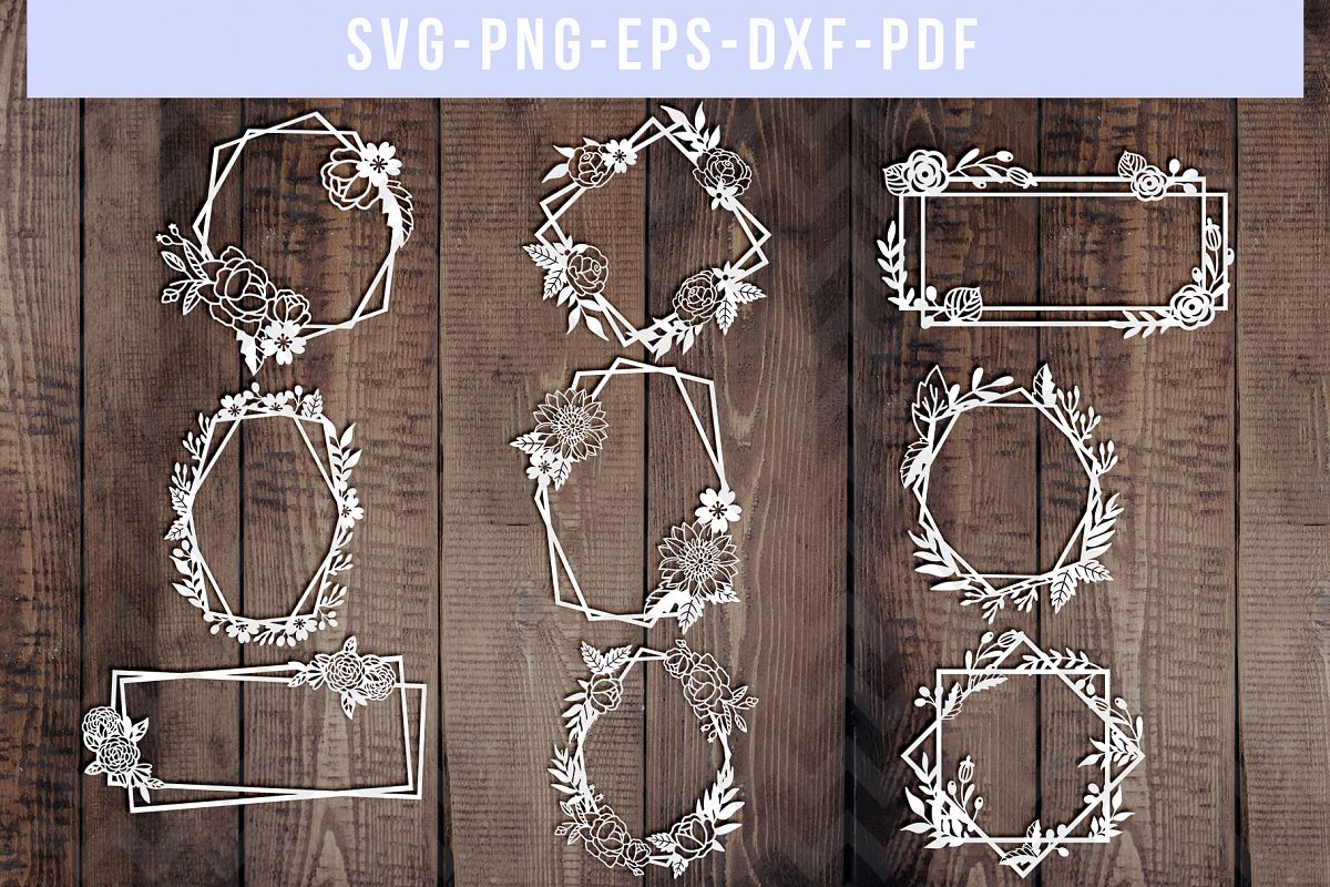 Bundle Of 9 Geometric Frame Papercut Templates, SVG, PDF DXF example image 1