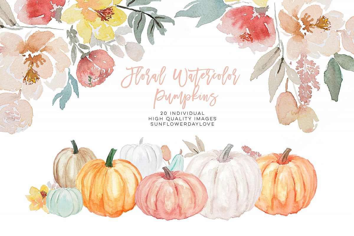 Pumpkin and Floral Watercolor fall clipart example image 1