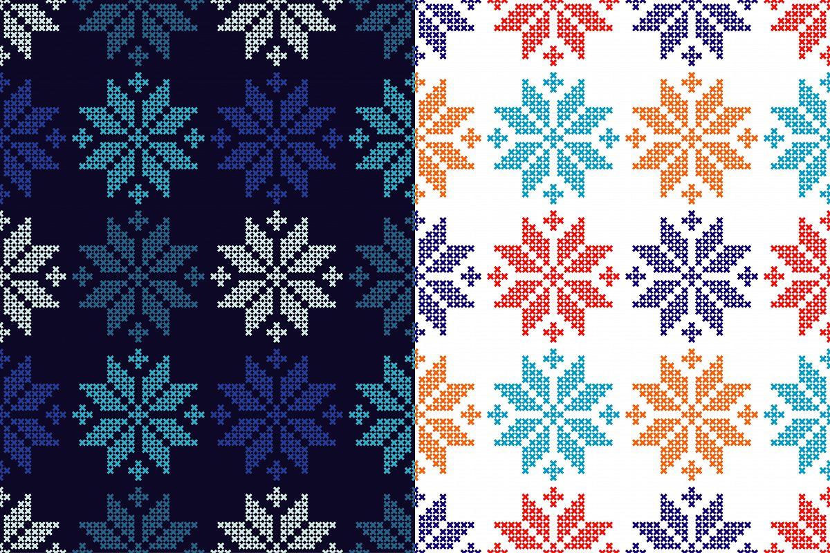 Set of 2 Seamless vector backgrounds cross stitch Norwegian snowflakes. example image 1
