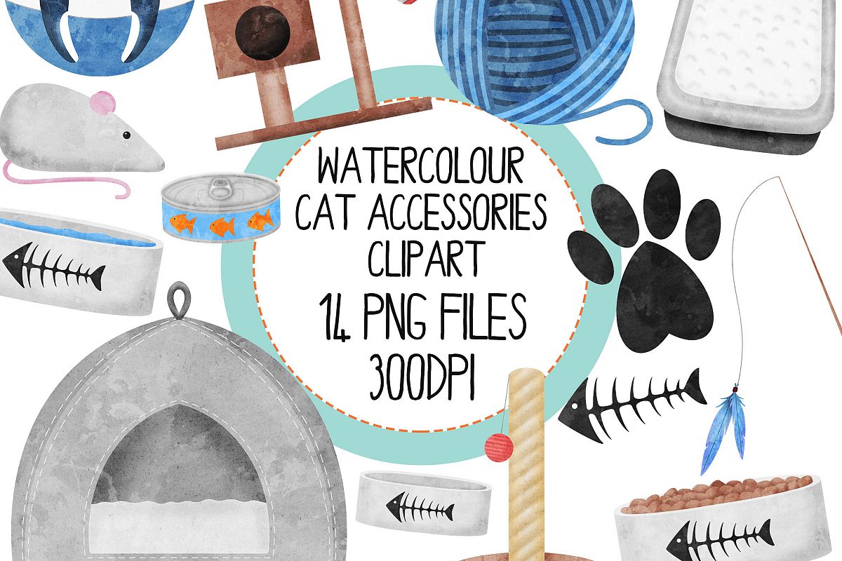 Watercolor Cat AccessoriesClipart Set example image 1